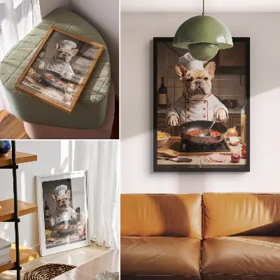 Poster bulldog in de keuken in grappige surrealistische stijl