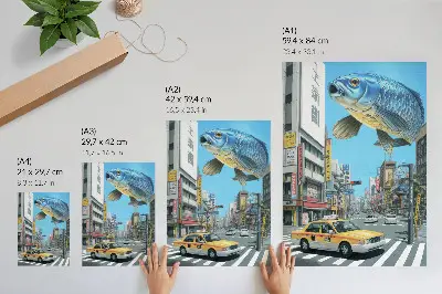 Decoratieve poster stedelijk surrealisme met vissen in een moderne straat