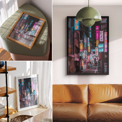 Wandposter Turkooizen en roze neonlichten van de nachtelijke stad