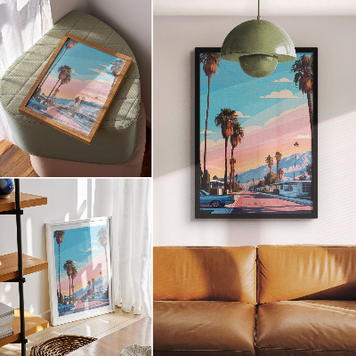 Decoratieve poster Kleurrijke palmbomen en een moderne, rustige straat.