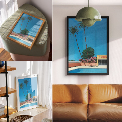 Wandposter Blauwe lucht, palmbomen, zwembad in moderne stijl