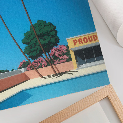 Wandposter Blauwe lucht, palmbomen, zwembad in moderne stijl