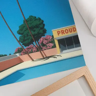 Wandposter met een zwembad met blauwe lucht en palmbomen in moderne stijl