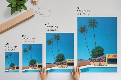 Wandposter Blauwe lucht, palmbomen, zwembad in moderne stijl