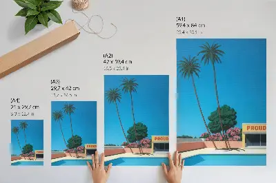 Wandposter met een zwembad met blauwe lucht en palmbomen in moderne stijl