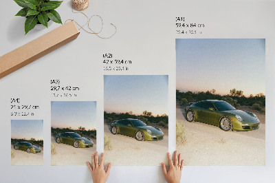 Wandposter Sportwagen groene woestijn zonsondergang