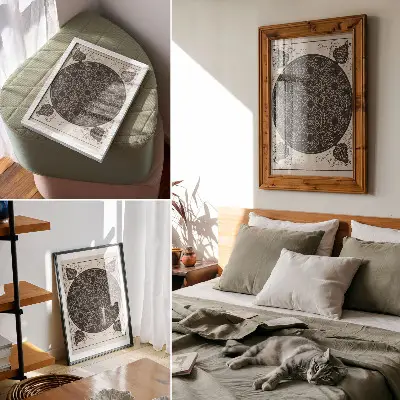 Decoratieve poster van De vierde knoop door Albrecht Dürer met 7 ronde knoopgroepen met zwarte centra uit circa 1506