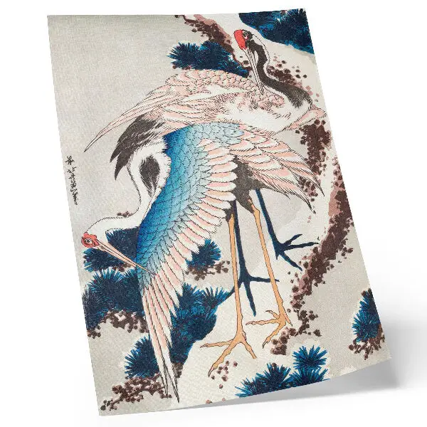 Poster met kraanvogels in een met sneeuw bedekte boom van Katsushiki Hokusai uit 1834, vintage houtsnede