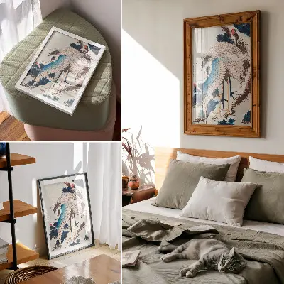 Poster met kraanvogels in een met sneeuw bedekte boom van Katsushiki Hokusai uit 1834, vintage houtsnede