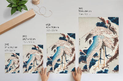 Poster Kraanvogels in een met sneeuw bedekte boom van Katsushiki Hokusai (1834), vintage houtsnede