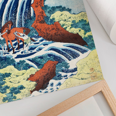 Wandposter Vintage Japanse houtsnede van Hokusai van de Yoshitsune-watervallen in Yoshino, provincie Izumi (1833-1834).