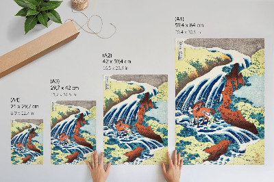 Wandposter Vintage Japanse houtsnede van Hokusai van de Yoshitsune-watervallen in Yoshino, provincie Izumi (1833-1834).