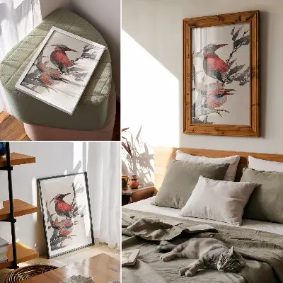 Decoratieve poster vogels van Katsushika Hokusai uit het schetsalbum uit 1814, vintage Japanse houtsnede