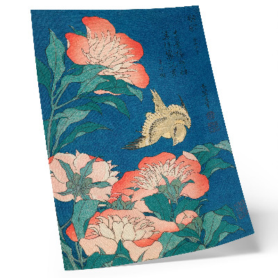 Wandposter Pioenrozen en een kanarie van Katsushiki Hokusai (1834) – vintage houtsnede