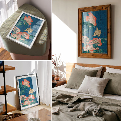 Wandposter Pioenrozen en een kanarie van Katsushiki Hokusai (1834) – vintage houtsnede