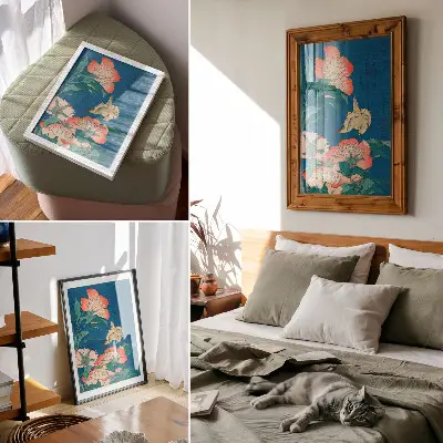 Wandposter Pioenrozen en een kanarie van Katsushiki Hokusai uit 1834 als vintage houtsnede