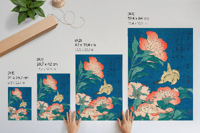 Wandposter Pioenrozen en een kanarie van Katsushiki Hokusai (1834) – vintage houtsnede