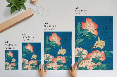 Wandposter Pioenrozen en een kanarie van Katsushiki Hokusai uit 1834 als vintage houtsnede