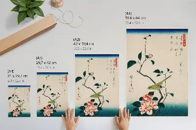 Wandposter met een Ukiyo-e illustratie van een camelia en een nachtegaal door Utagawa Hiroshige