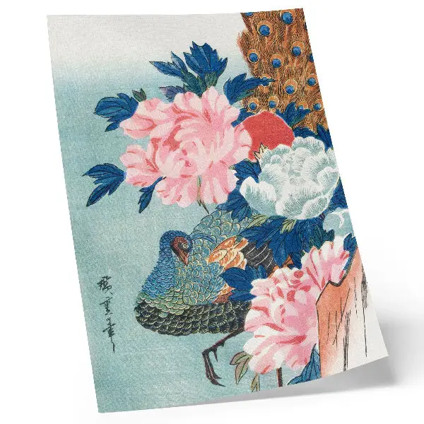 Poster vintage Japanse houtsnede met pauw en pioenrozen van Utagawa Hiroshige