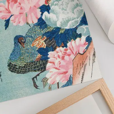 Poster vintage Japanse houtsnede met pauw en pioenrozen van Utagawa Hiroshige