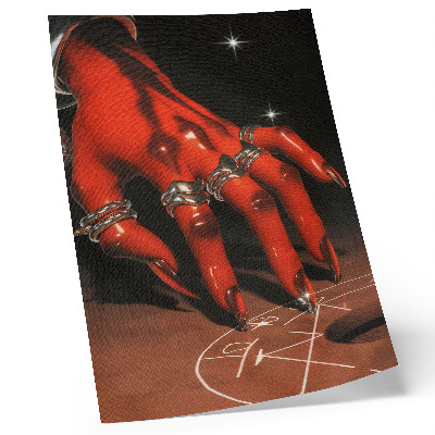 Wandposter Rode hand met ringen op een achtergrond van symbolen