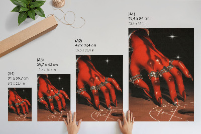 Wandposter Rode hand met ringen op een achtergrond van symbolen