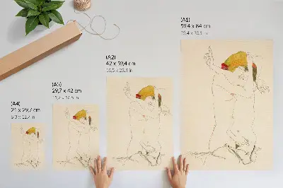 Decoratieve poster Twee vrouwen die elkaar omarmen door Egon Schiele uit 1913, een vrouwelijke lijntekening uit de collectie van The MET