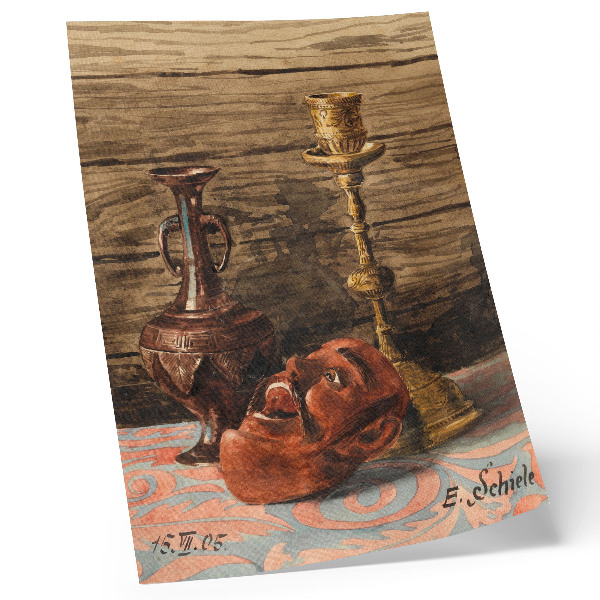 Decoratieve poster Stilleven met kandelaar, vaas en masker van Egon Schiele
