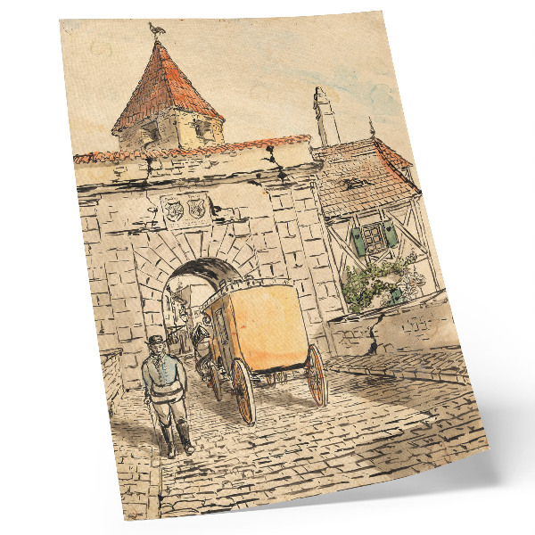 Wandposter Stadspoort met koets (studentenwerk) van Egon Schiele