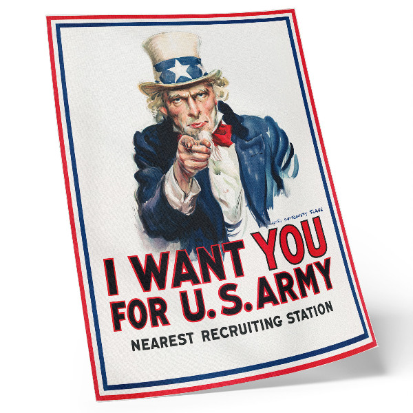 Wandposter Opsporingsposter voor Amerikaanse soldaten, een esthetische lithografie van James Montgomery Flagg.