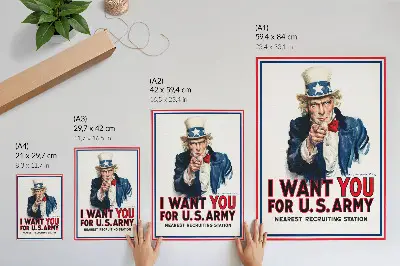 Wandposter opsporingsposter voor Amerikaanse soldaten met een esthetische lithografie van James Montgomery Flagg