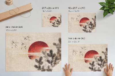 Poster Vogels en zonsondergang van Katsushika Hokusai uit het schetsalbum (1814), vintage Japanse houtsnede.