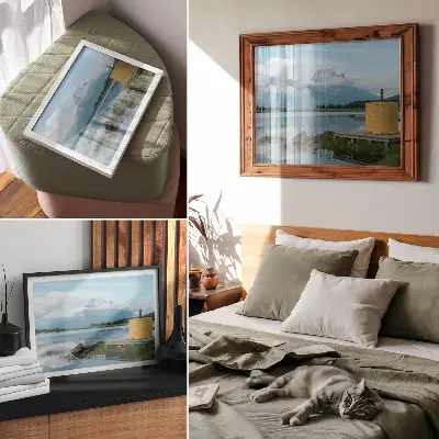 Moderne decoratieve poster met bergen, een meer, wolken en een brug