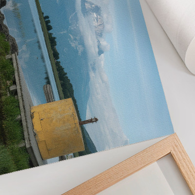 Moderne decoratieve poster Bergen, meer, wolken, brug