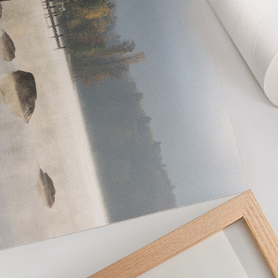 Stijlvolle wandposter Mistig landschap, meer, huisje, bomen, herfst