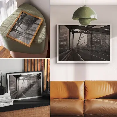 Moderne decoratieve poster stadsbrug met majestueuze gebouwen in sobere elegantie