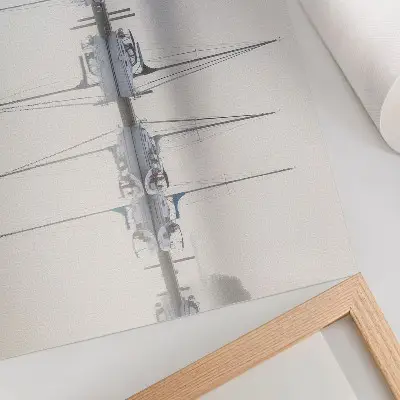 Stijlvolle wandposter mistige jachthaven met kalme weerspiegeling van jachten