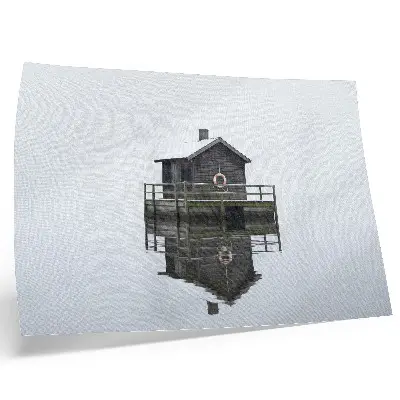 Stijlvolle wandposter met een houten huisje aan het water in een minimalistische, symmetrische stijl