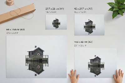 Stijlvolle wandposter Houten huisje aan het water, symmetrie, minimalisme