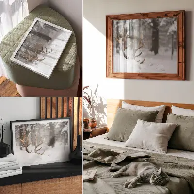 Moderne decoratieve poster geweien in de sneeuw met een winterbos voor een natuurlijke rust