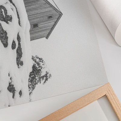 Poster Een minimalistisch winterhuis tegen de achtergrond van sneeuw.