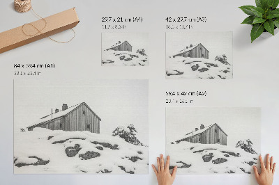 Poster Een minimalistisch winterhuis tegen de achtergrond van sneeuw.