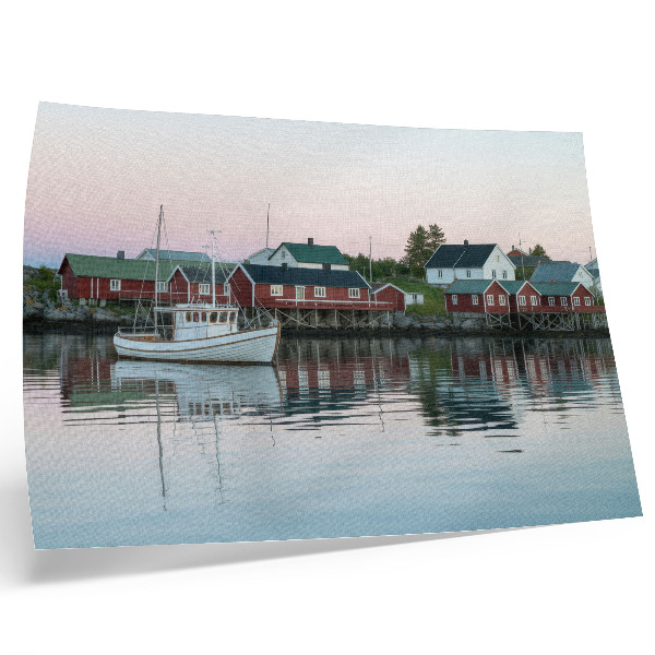 Stijlvolle wandposter De kubistische rode huizen aan het meer stralen.