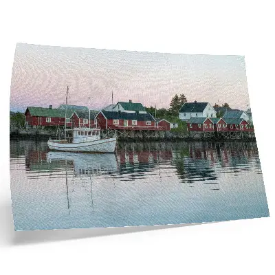 Stijlvolle wandposter met de kubistische rode huizen aan het meer
