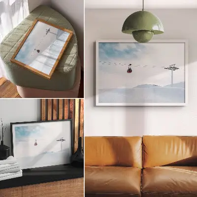 Moderne decoratieve poster met een dynamisch kleurcontrast van een kabelbaan in de bergen