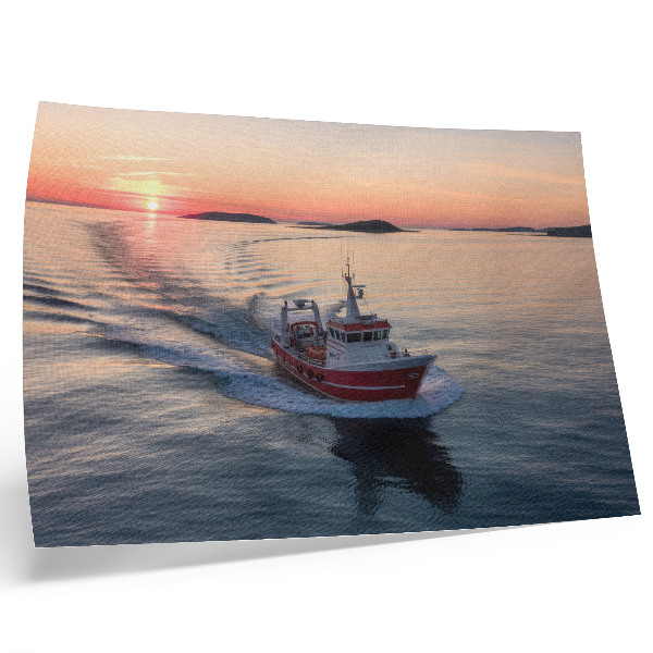 Moderne decoratieve poster Zonsondergang boven de kalme zee, beweging van de boot