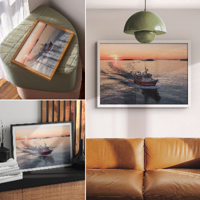Moderne decoratieve poster Zonsondergang boven de kalme zee, beweging van de boot