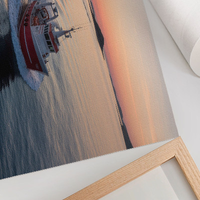 Moderne decoratieve poster Zonsondergang boven de kalme zee, beweging van de boot