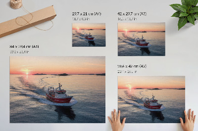 Moderne decoratieve poster Zonsondergang boven de kalme zee, beweging van de boot
